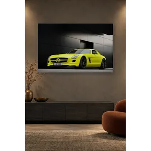 Impression sur toile de Fida avec une Mercedes SLS jaune néon devant une murale noire - Product Image 5