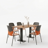 Ensemble de table de restaurant commercial moderne, table à manger oblongue en bois grainé, base en métal, chaises perforées, espace de restauration de café, 4 places