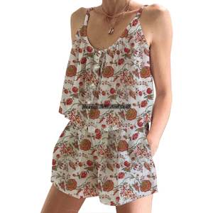 Conjunto de Pijama Corto para Adultos, Hermoso Estampado, Algodón Puro, Conjunto de Pijama de Primavera/Verano, Floral, Ajustado, con Tirantes, Sin Mangas - Product Image 3