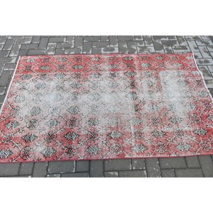Vintage Accent Rug 3.7x6.2 ft, Turkish <b>Red</b> Bordered <b>Wool</b> Rug - Product Image 3
