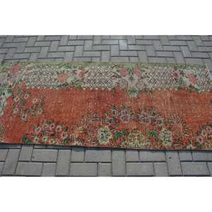 Alfombra turca vintage con área grande de 3,1x7,4 pies, diseño de retazos rectangulares en material de lana verde naranja, respaldo de látex para habitación de pasillo - Product Image 3