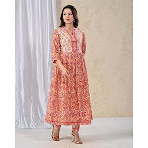 Conjunto de Kurta y Pantalón de Algodón Étnico Elegante para Mujer, Estampado Floral Jaal Amarillo y Rojo, Ropa de Fiesta para Ocasiones Especiales - Product Image 5