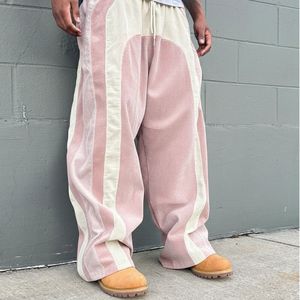 Pantalons en velours côtelé pour hommes, style streetwear urbain, patchwork arqué, pantalon large à jambes larges, rayures contrastées, bas décontractés amples - Product Image 3