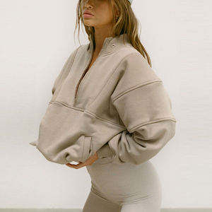 Sudadera con cremallera para correr de cuello redondo de gran tamaño con media cremallera retro personalizada para mujer, sudadera cálida de algodón polar recortada en blanco - Product Image 4