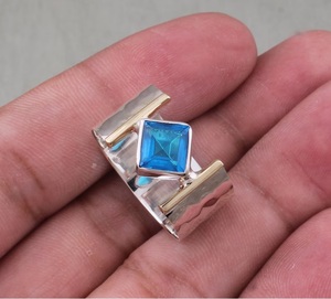 Topaze bleue Quartz solide 925 en argent Sterling large bande bague en pierres précieuses pierre bleue bijoux cadeau pour l'amour et maman - Product Image 2