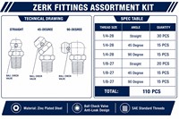 Kit d'assortiment de 110 raccords graissiers Zerk 1/4-28 1/8-27, droits, à 45 degrés, à 90 degrés, en acier zingué