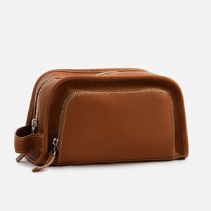 Leather Toiletry Bag Medium Size Classic Zipper Closure Durable Soft Handle Cosmetic Case for Travel - Product Image 1