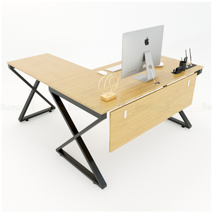 XBamboo BFXB009 L-Shaped PC <b>Desk</b> 140x150cm Iron Legs Assembled with Drawer Bookshelf and Shelf - Product Image 1