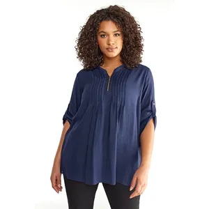 Blusa feminina plissada azul marinho respirável com mangas com botão, blusa curva com zíper frontal azul marinho feita de tecido confortável