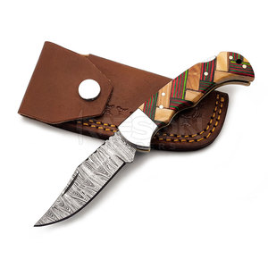 Couteau pliant en acier Damas personnalisable en gros gaine en cuir manche en bois poche OEM bricolage usage extérieur vente à chaud - Product Image 2
