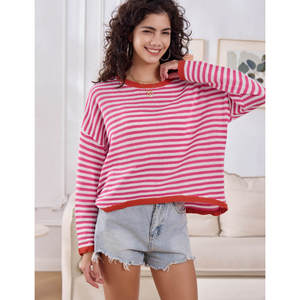 Pull en tricot à col rond à rayures grises pour femmes, manches longues, pour l'automne et l'hiver - Product Image 2