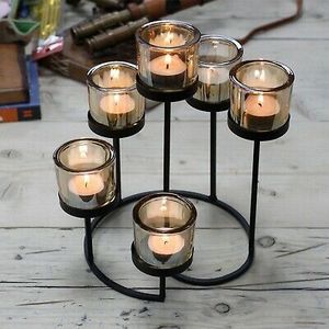 Elegant iron metal <b>tealight</b> <b>candle</b> holder 6 glass cups multilevel stand for wedding table centerpiece home festival decor gift - Product Image 1