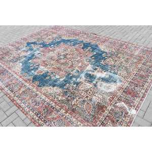 Tapis turc 8,2 x 11 pieds, tapis bleu à carreaux en laine - Product Image 4