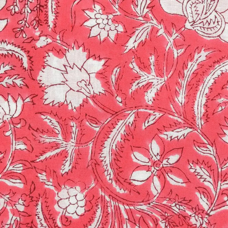 Brique rose et blanc indien bloc imprimé fleuri 100% pur coton tissu léger été tissu pour rideaux femmes robes
