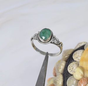 <b>Emerald</b> 925 Sterling <b>Silver</b> Bezel Setting Bohemian <b>Ring</b> Handmade Dainty Oval Cut Gemstone Classic Wedding Anniversary Party - Product Image 1