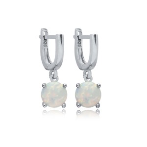 White Opal Round Cut Stone Solitaire Design Wholesale Handmade Turkish 925 Sterling <b>Silver</b> <b>Dangle</b> <b>Earrings</b> - Product Image 1