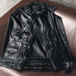 Gilet sans manches en cuir véritable pour homme, style motard punk, à capuche, fermeture éclair, coupe ajustée, hiver, tendance 2025 - Product Image 4