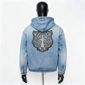OEM Custom Hemp/Organic Cotton Winter Anti-Wrinkle Blue Denim Pullover for <b>Men</b> Boxy Formal Hooded Zip Rhinestone Front Logo - Product Image 2