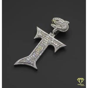 Baguette coupe VVS Moissanite lettre "T" pendentif glacé pendentif personnalisé Alphabet lettre 925 en argent Sterling Hip Hop pendentif - Product Image 3