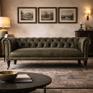 Canapé Chesterfield vert olive |   Cuir véritable |   Design moderne du milieu du siècle |   Canapé gonflable deux places |   Villa vintage artisanale - Product Image 3