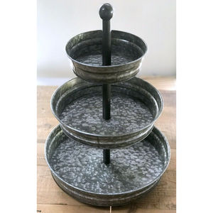 Galvanized Metal 2 Tier Serving Tray <b>Stand</b> With Handle Oval <b>Vintage</b> Farmhouse Dessert And Cupcake Display Platter Kitchen Decor - Product Image 2