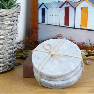 Juego de 4 posavasos redondos de mármol gris del Himalaya, grandes, flameados e impermeables, de 10 cm (4 pulgadas), para villas y apartamentos - Product Image 3