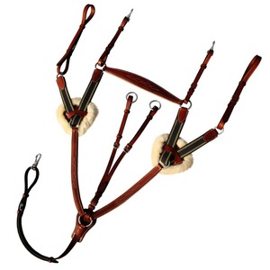 Oak Brown Color Leather 5 Point Breastplate with <b>Running</b> Attachment and Sheepskin Fur <b>Padding</b> - Green Elastic & Yellow Lines - Product Image 4