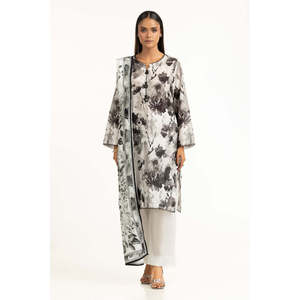 Ensemble d'été décontracté 3 pièces gris cendré imprimé pour femme, respirant, col montant, manches longues, coupe ample, en tissu tissé - Product Image 2
