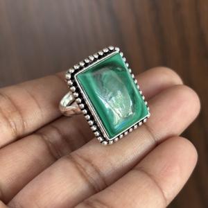 Anillos Clásicos al por Mayor de Plata de Ley 925 con Bisel Rectangular de Malaquita, Joyería a Granel con Piedras Preciosas para Compromiso de Mujer - Product Image 2