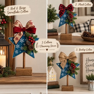 Ornement de table flocon de neige bleu, support de sapin de Noël, ruban, nœud, pomme de pin, baies rouges, centre de table de Noël, décoration de bureau - Product Image 3