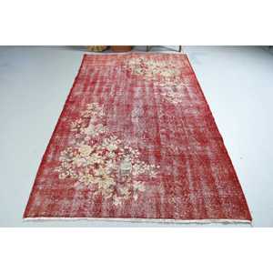 Vintage Rug, 4.9x8.4 ft Turkish Rug, <b>Red</b> White Camouflage <b>Wool</b> Rug - Product Image 3