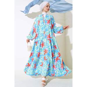 Vestido casual azul con diseño de patrón mixto de botón frontal de media tapeta - Product Image 3