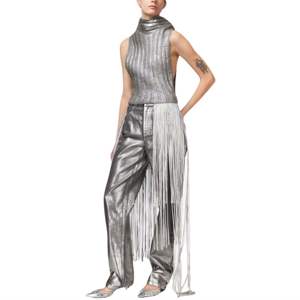 Pantalon cargo en satin P Mirow N1 taille moyenne argentée taille élastique coupe décontractée avec poches latérales et détail froncé - Product Image 5