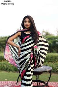 Fancy Trending Satin Georgette Geometrical Strips Print With Floral Print Border Saree Fabricant et fournisseur de Surat - Product Image 4