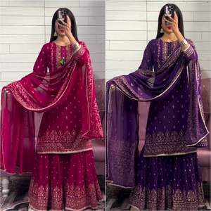 Ropa de fiesta de boda Nuevo diseñador Chinon Seda Hermosa secuencia Bordado Top de trabajo con manga completa y Sharara con Dupatta - Product Image 3