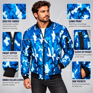 Custom <b>Mens</b> Blue Quilted Bomber <b>Jacket</b> Padded Winter Warm Full Zip <b>Flight</b> Baseball Coat - Product Image 2
