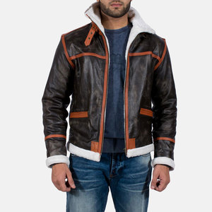 Veste en cuir noire pour homme avec garniture marron, doublure en peau de mouton, fermeture éclair, style moto, vêtement d'hiver, coupe classique - Product Image 2