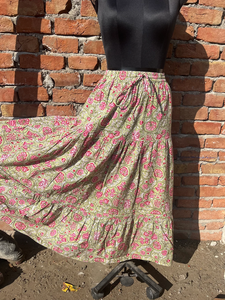 Indian Hand Block Printed <b>White</b> Cotton <b>Long</b> <b>Skirt</b> Dress for Women Casual Style with Embroidered Waistband Breathable Elastic - Product Image 4