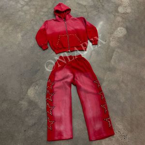 Rhinestone Sun Faded French Terry 100% Cotton Acid Washed Puff Print logo Sweatpants and Hoodie & Pant Set for Men Tracksuit - Product Image 3