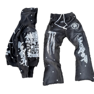 Ensemble de survêtement streetwear pour homme, personnalisé, effet délavé à l'acide, en coton écologique, avec broderie, comprenant un sweat à capuche et un pantalon de survêtement évasé doublé de soie - Product Image 6