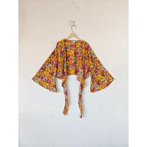 Taille Libre Femmes Crop Top Vintage Floral Print Tie Top Bell Sleeve Casual Silk Wrap pour Summer Party Most Trending Dot Pattern - Product Image 2