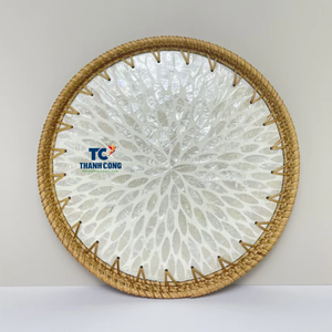 Cheap Price MOTHER OF PEARL TRAY with Rattan <b>Border</b> Beautiful Handcrafted <b>Wooden</b> Tray for Home and Hotel Display - Product Image 2