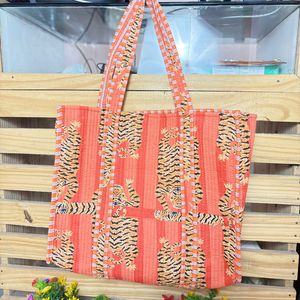 Tiger Print Kantha <b>Tote</b> Quilted Cotton Tiger <b>Tote</b> Orange Tiger Shoulder <b>Bag</b> - Product Image 1