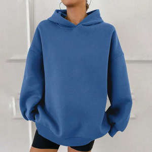 Sudadera con capucha de gran tamaño azul para mujer, jersey de lana de algodón, sudadera holgada de manga larga con hombros caídos, ropa de calle informal, ropa de invierno - Product Image 2