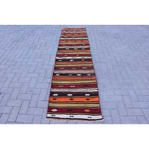 Vintage Kilim Rug 2.1x8.4 ft, <b>Red</b> Black Bordered <b>Wool</b> Turkish Rug - Product Image 1