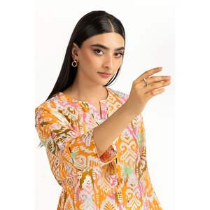 Conjunto Coordinado Bohemio para Mujer, Color Naranja, Estampado Cambric, Talla XXS, Top de Manga Tres Cuartos, Primavera/Verano, Tela Crepé, 100% Algodón - Product Image 1