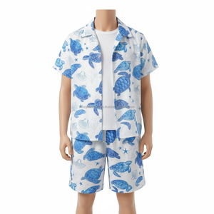 Ensemble personnalisé OEM pour homme avec imprimé tortue - Chemise à manches courtes et short bleu Marine, tenue d'été 2 pièces - Product Image 3