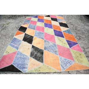 Tapis Turc Vintage Moderne 6.7 X 10.8ft Classique Beige Patchwork Design Laine Matériau Latex Support 4m Largeur pour Salon 10mm - Product Image 1