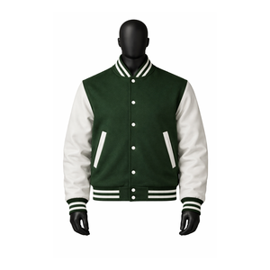 แจ็คเก็ตวาร์ซิตี้สีเขียวขาวแบบกำหนดเอง แจ็คเก็ตเบสบอลแบบ Letterman ตัวเสื้อทำจากผ้าขนสัตว์ แขนเสื้อทำจากหนัง PU ผู้ผลิต OEM รับผลิตแบรนด์ส่วนตัว - Product Image 1