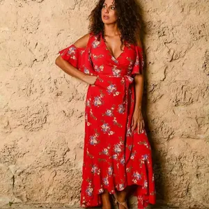 Wrap Around Red Floral Off Shoulder Dress Flamenco Boho Dress Maternidad Vestido romántico para mujer en cantidad al por mayor